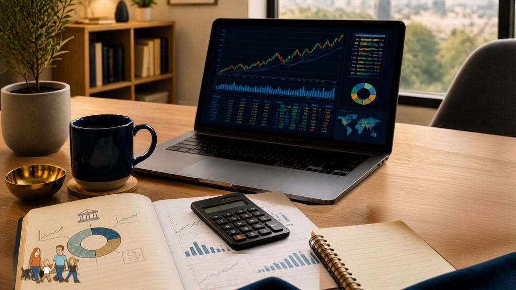 A workspace featuring a laptop displaying financial graphs, a calculator, a notebook with charts, a coffee mug, and decorative plants.